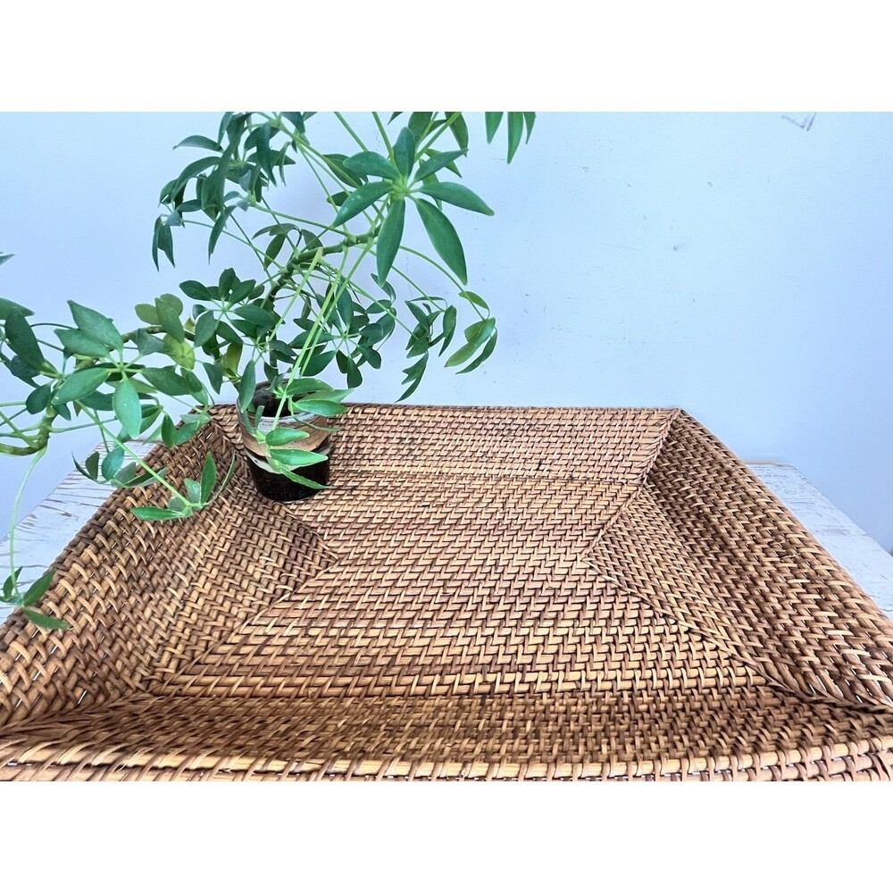 Vintage Large Serving Tray Woven Rattan Rectangle Basket Centerpiece 22”x14”